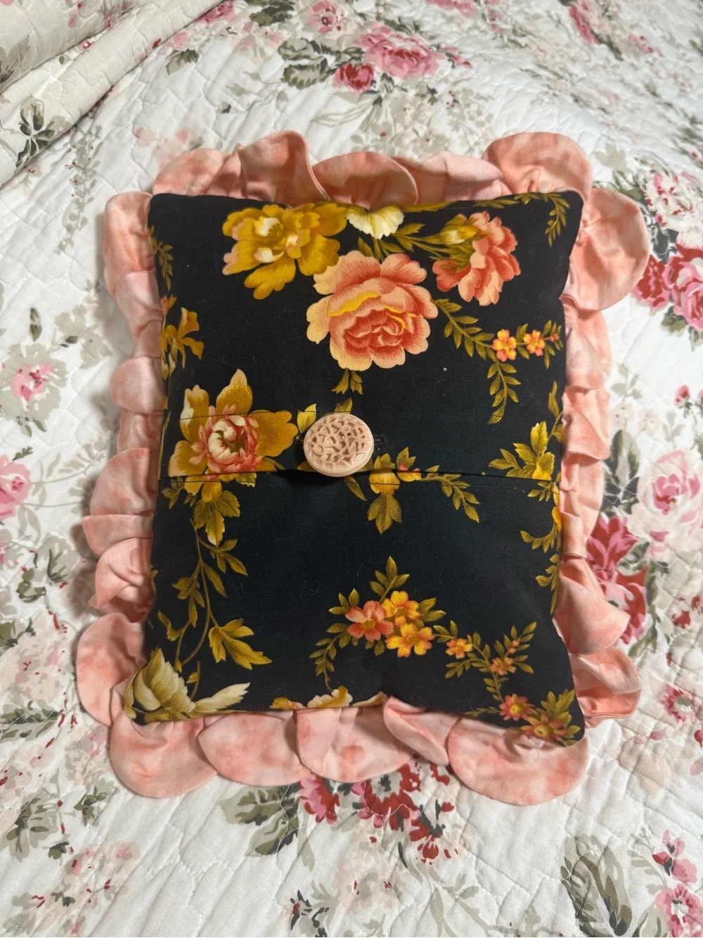 Handmade Embroidered Floral Decorative Pillow with Pink Ruffle